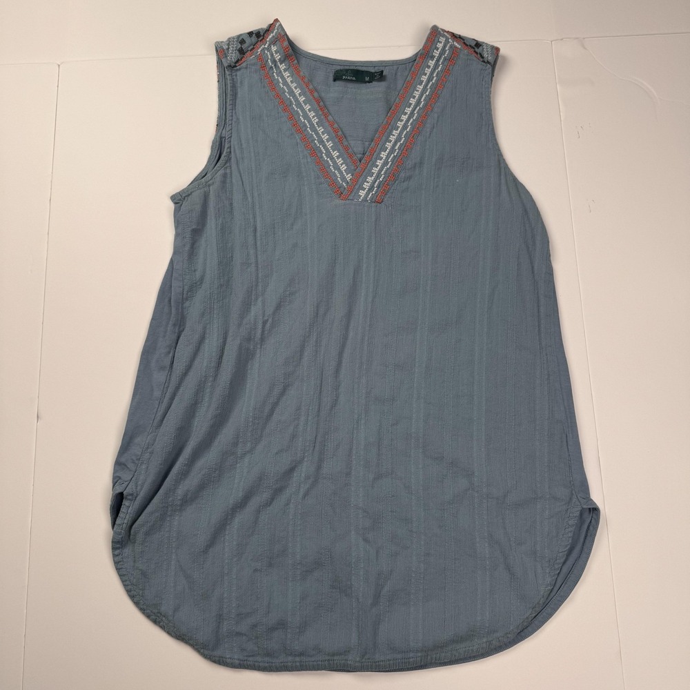 PrAna Shirt Womens Medium Blue Sleeveless Tunic Embroidered Boho V Neck